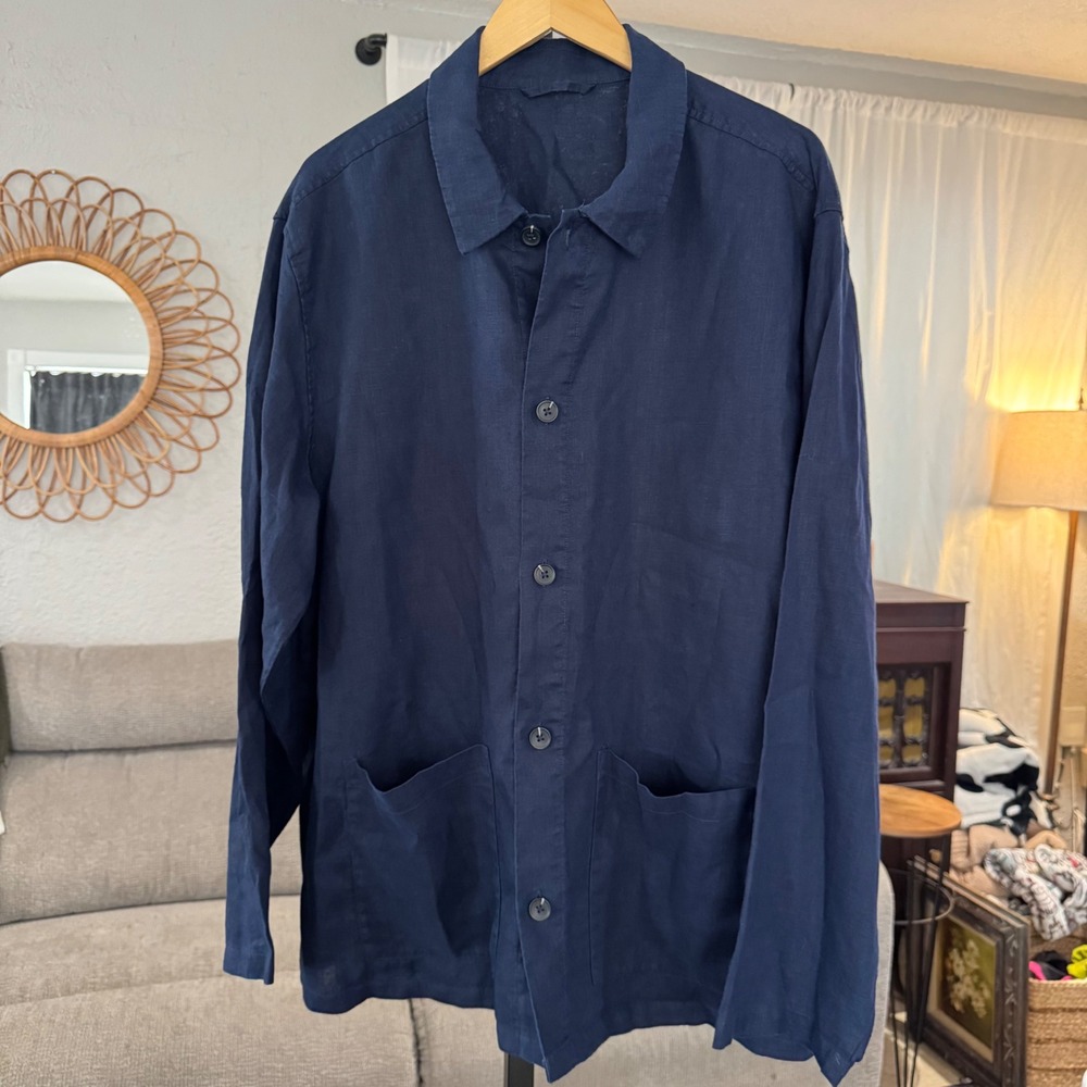 Quince Mens 100% Linen Chore Jacket XXL Navy Blue Button Front Pockets - Picture 5 of 9